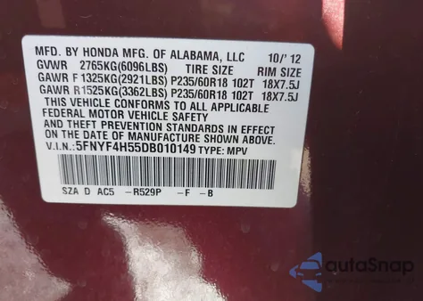 2013 Honda Pilot Ex-L z USA, uszkodzony, nr VIN 5FNYF4H55DB010149